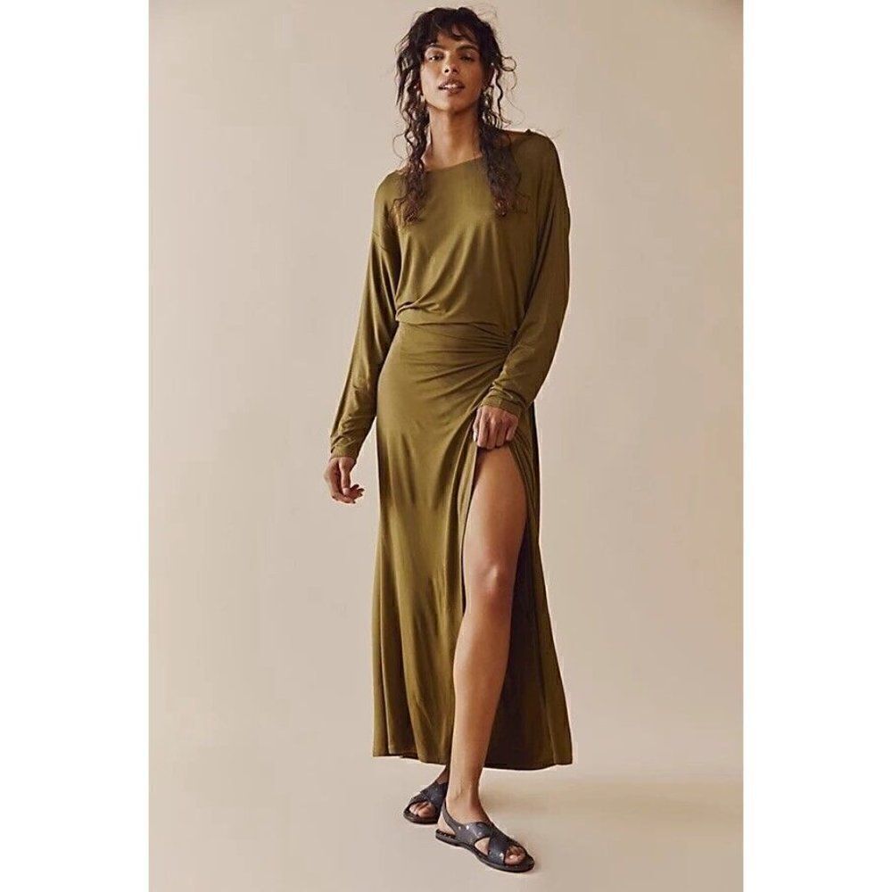 NEW FREE PEOPLE Sz M ALYSSA LONG SLEEVE WRAP DRESS IN ARMY GREEN